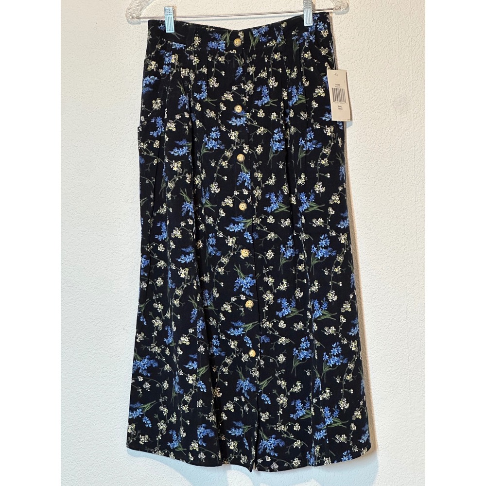 Capacity Midnight Blue Floral Cotton Corduroy Button Front Midi Skirt Small NWT